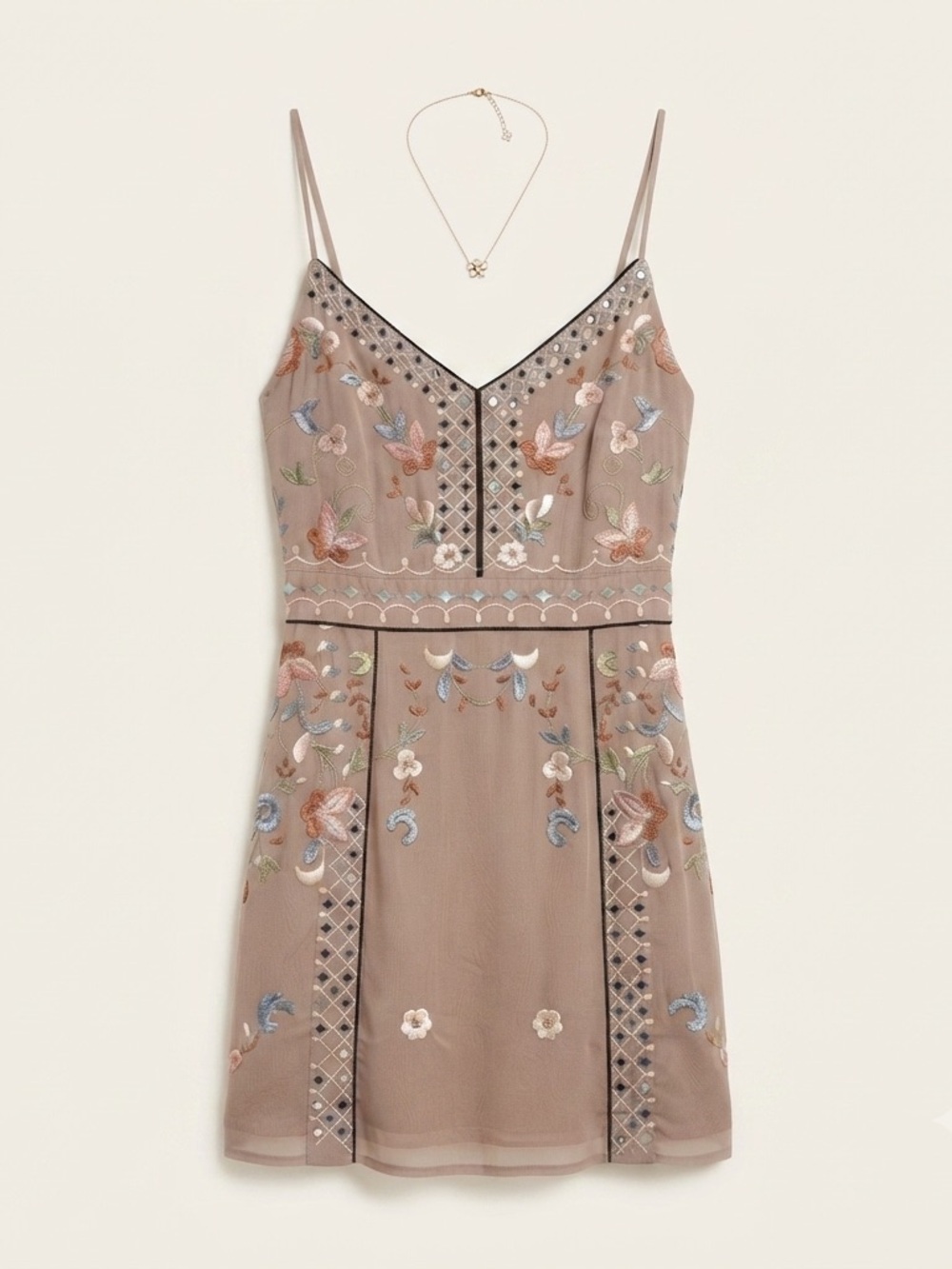 French Connection Embroidered Floral Mini Dress Taupe